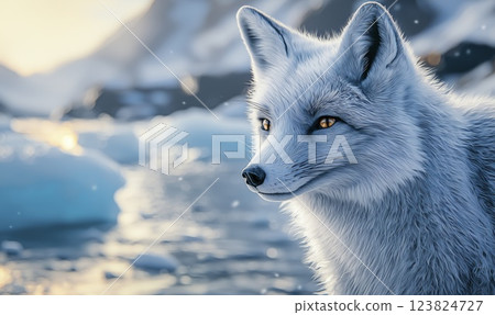 Arctic fox in snowy winter landscape, copy space 123824727