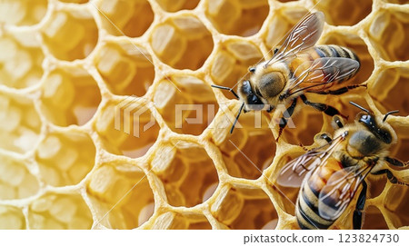 Two honey bees working on golden honeycomb, close up macro shot with copy space Two honey bees working on golden honeycomb, close up macro shot with copy space 123824730