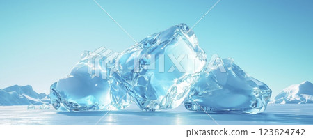 Transparent ice pieces in frozen arctic landscape with blue sky, copy space Transparent ice pieces in frozen arctic landscape with blue sky, copy space 123824742
