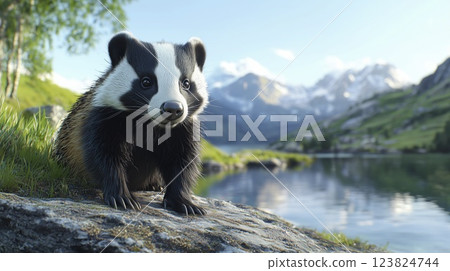 Badger in a scenic mountain landscape near a lake, copy space 123824744