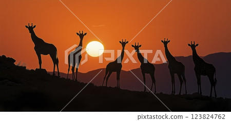 Giraffe silhouette at sunset in African savannah with copy space, design element 123824762