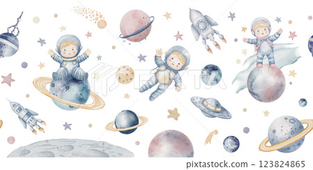 Watercolor seamless Space border with cute child Astronauts, planets, rockets, and stars floating in a Cosmic scene. Illustration of Pattern for nursery wall art or wallpaper in pastel colors. 123824865
