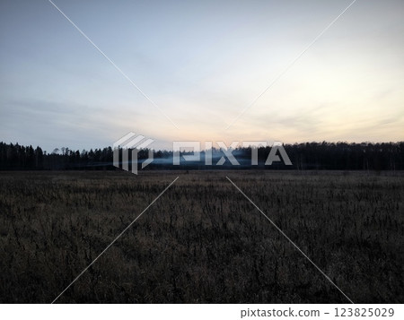 Sunset in the misty forest, fog morning over the meadow. Sunrise in a bog, wetland. Calmness, relaxation, meditation, beauty of nature concept. Misty mystical evening in the field. 123825029