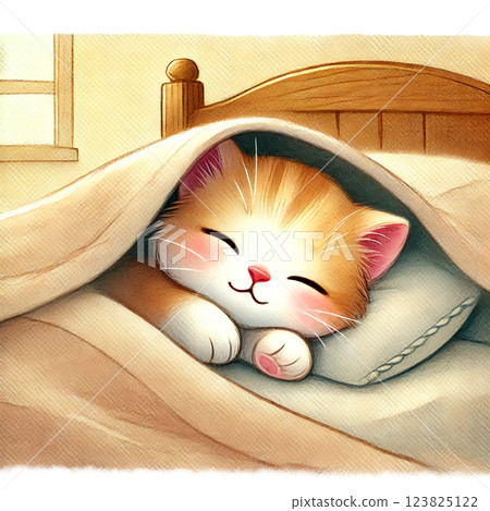 Cute kitten sleeping in bed 123825122