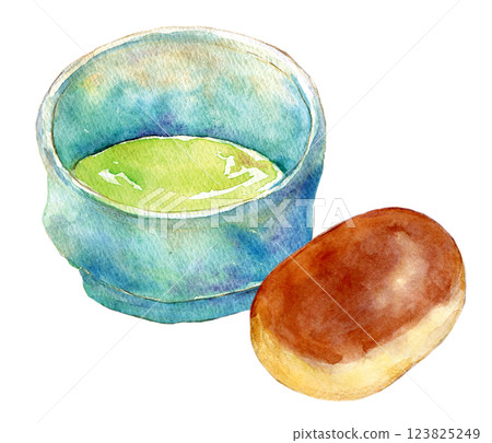 Watercolor illustration: Chestnut manju and matcha 123825249