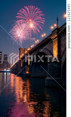 A vertical view from below of a grand bridge over a river, with cityscape and lights at night, fireworks in the background, reflecting on the water below 123825495