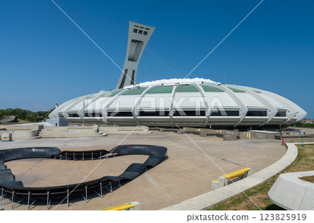 Montreal, Quebec, Canada - August 10 2021 : Exterior of the Montreal Olympic Stadium (The Big O). 123825919
