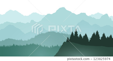 Foggy mountains landscape background. Smoky and rocky panorama with mountains skyline and pine tree forest silhouettes. Scenery with slopes, vector cartoon illustration 123825974