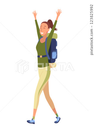 Hiker travel in summer clothing with big backpack. Woman walking. Happy male character, traveller or tourist going to vacation. Vector cartoon illustration 123825992
