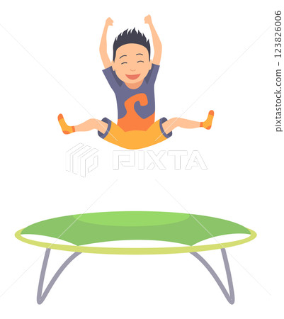 Children jumping trampoline. Kid jumping icon. Child activities design element. Indoor or outdoor fun, fitness jumping. Acrobatic and gymnastic exercises. Vector illustration Children jumping trampoline. Kid jumping icon. Child activities design element. Indoor or outdoor fun, fitness jumping. Acrobatic and gymnastic exercises. Vector illustration 123826006
