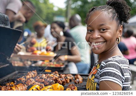 Young girl is smiling widely while attending a Juneteenth celebration with her family grilling food in the background 123826054