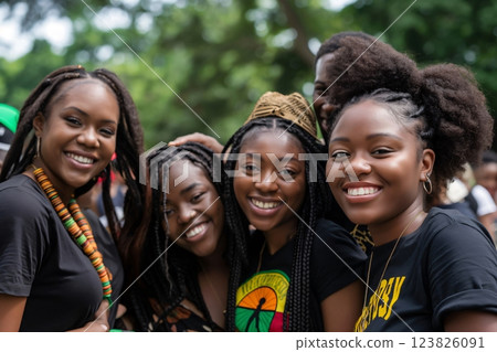 Friends celebrating Juneteenth in colorful attire, radiating joy and unity outdoors. Diverse group showcasing unique fashion and culture 123826091