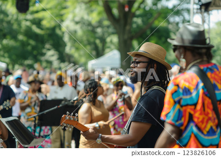 Musician concentrating on playing his guitar during an outdoor Juneteenth celebration in a park 123826106