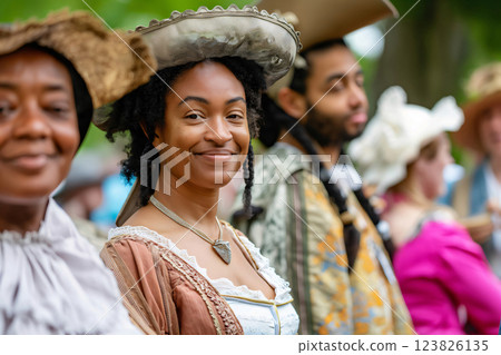 Actors are smiling and posing together in their historical costumes during a Juneteenth reenactment 123826135