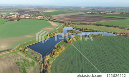 Pond Celcice dam flood protection anthropogenic lake water sport fishing landscape area territory. It was created wetland reclamation, past civilization destruction landscape devastation, Europe Pond Celcice dam flood protection anthropogenic lake water sport fishing landscape area territory. It was created wetland reclamation, past civilization destruction landscape devastation, Europe 123826212