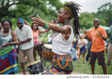 Musicians playing drums at a Juneteenth celebration with a woman dancing in the foreground Musicians playing drums at a Juneteenth celebration with a woman dancing in the foreground 123826216