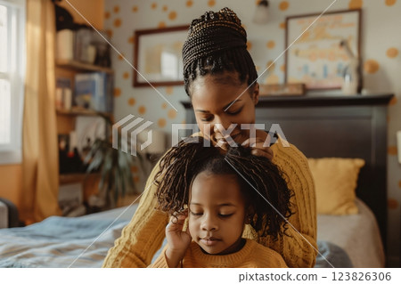 Mother is braiding her daughter's hair in their cozy bedroom, creating a heartwarming moment of connection and care 123826306