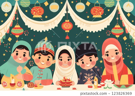 Illustration of a group of Muslim people celebrating eid al fitr with traditional food and lanterns decoration 123826369