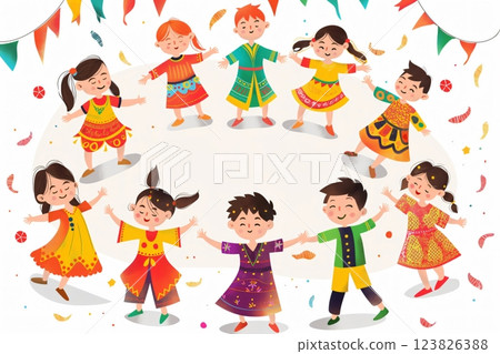Illustration of happy children in colorful clothes holding hands and dancing in a circle during a celebration with confetti Illustration of happy children in colorful clothes holding hands and dancing in a circle during a celebration with confetti 123826388