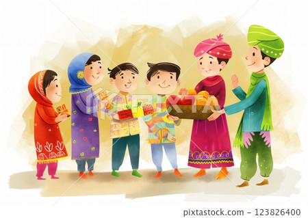 Charming illustration of an Indian family celebrating Diwali with gifts and sweets, capturing the warmth and joy of the festival 123826400