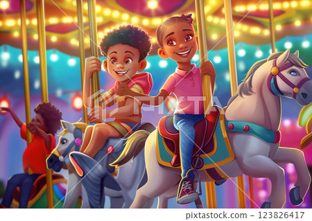 Two children laughing and having fun riding carousel horses at an amusement park at night 123826417