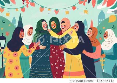 Group of happy Muslim women hugging and celebrating eid al fitr under string lights 123826418