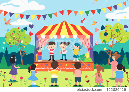 Group of children attending a puppet show at an outdoor entertainment venue, enjoying a day of fun and laughter 123826426