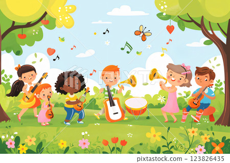 Group of children are happily playing music together in a sunny park, surrounded by flowers and trees Group of children are happily playing music together in a sunny park, surrounded by flowers and trees 123826435