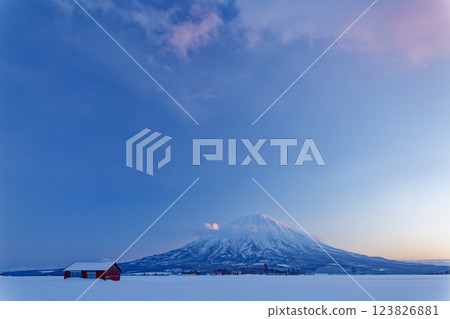 從北海道俱知安町瑞穗眺望的紅色小屋和羊蹄山 從北海道俱知安町瑞穗眺望的紅色小屋和羊蹄山 123826881