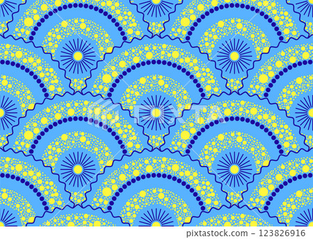 Seamless pattern with abstract sun surrounded by layered dotted arcs Seamless pattern with abstract sun surrounded by layered dotted arcs 123826916