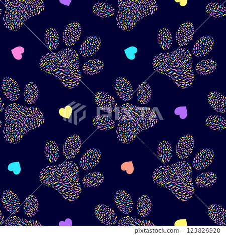 Seamless pattern with animal paws and hearts Seamless pattern with animal paws and hearts 123826920