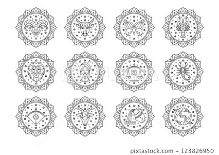 Collection of zodiac signs in line art style  123826950