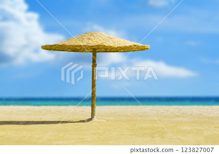 Thatched beach umbrella on a beach. Wicker umbrella. Hot sun and sea horizon. Thatched beach umbrella on a beach. Wicker umbrella. Hot sun and sea horizon. 123827007