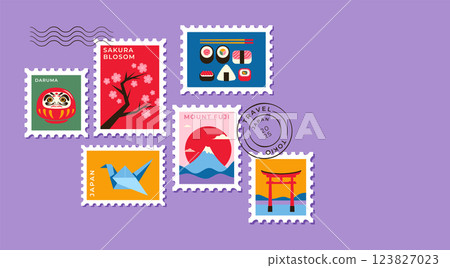 Japanese Travel Stamp Collection. Vector Illustration of Cultural Icons and Landmarks 123827023