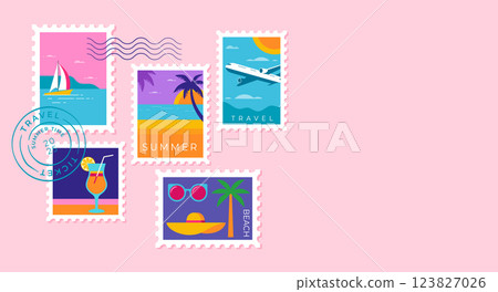 Summer Vacation Travel Stamps. Envelope Background with Beach and Holiday Icons. Summer Vacation Travel Stamps. Envelope Background with Beach and Holiday Icons. 123827026