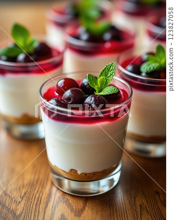 Elegant Dual-Layered Berry and Vanilla Panna Cotta Individual Dessert Cups with Fresh Mint Garnish in Contemporary Presentation Elegant Dual-Layered Berry and Vanilla Panna Cotta Individual Dessert Cups with Fresh Mint Garnish in Contemporary Presentation 123827058