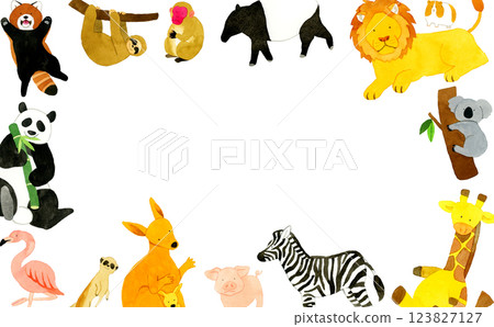 Frame of animals in the zoo Hand-drawn watercolor illustration background material 123827127