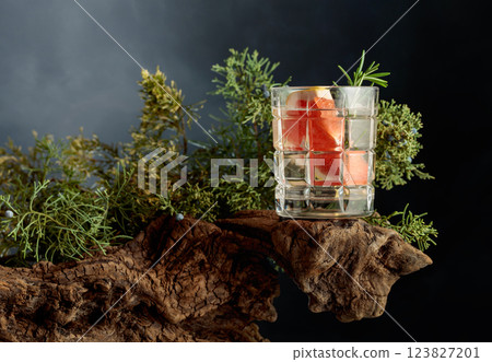 Refreshing hard seltzer with ice, grapefruit, and rosemary on an old snag. 123827201