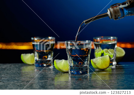 Strong alcoholic drink and lime slices on a dark blue background. 123827213