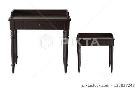 front view antique two large and small chocolate color table has a single drawer on white background, object, furniture, decor, fashion, copy space 123827248