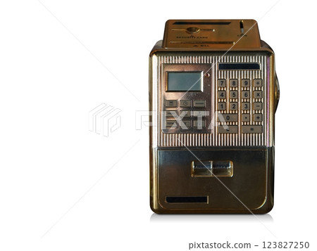 front view gold metal Mini ATM on white background, technology, object, fashion, decor,  decoration, copy space 123827250