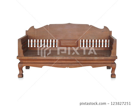 front view old brown chair with backrest made of wood on isolated background, fashion, decor, decoration, comfortable, copy space 123827251