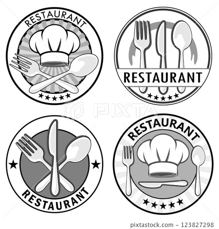 set of restuarant logo wtih spoon,fork,dish,chef hat. set of restuarant logo wtih spoon,fork,dish,chef hat. 123827298
