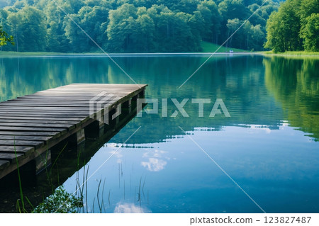 Wooden pier extending into a serene lake reflecting the surrounding green trees on a beautiful summer day 123827487