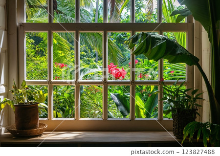 Lush tropical garden with red flowers thrives outside a bright window, filling the space with natural beauty and tranquility 123827488