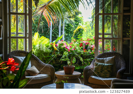 Luxurious hotel room opens onto a lush tropical garden, creating a tranquil and inviting atmosphere 123827489