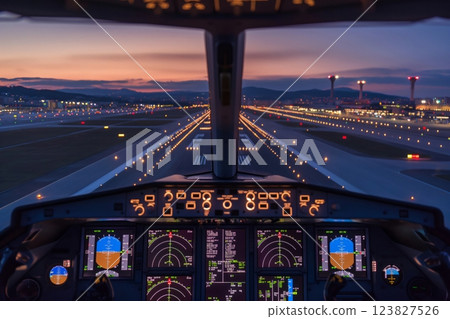 View from a cockpit of an airplane taxiing on a runway at sunset, with the airport and city lights in the background 123827526