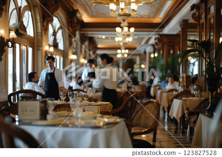 Waiters serving customers in a vintage restaurant with elegant decor, creating a refined atmosphere for fine dining. Busy yet charming ambiance with blurred background of people working 123827528