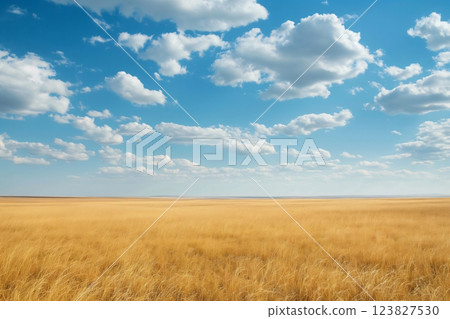 Golden grass covering a prairie landscape under a bright blue sky with white clouds 123827530