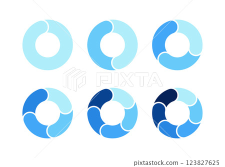 Pie chart for infographics. Circle sections for design of presentation of cycles, steps or stages. Vector set illustration isolated on white background. Pie chart for infographics. Circle sections for design of presentation of cycles, steps or stages. Vector set illustration isolated on white background. 123827625